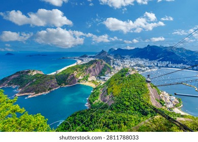 Breathtaking panoramic view of Rio de Janeiro, Brazil. Features the iconic Sugarloaf cable car, lush mountains, Copacabana beach, and Guanabara Bay under a sunny blue sky.