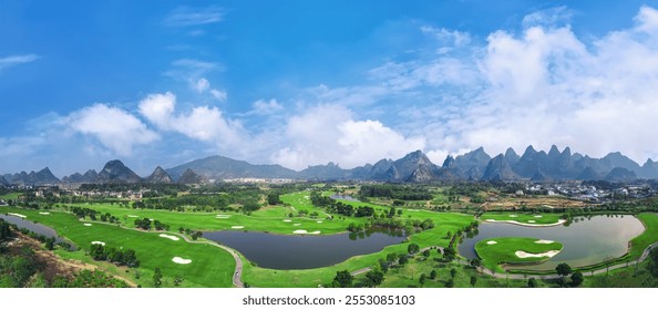 Breathtaking Panoramic View of a Scenic Golf Course Surrounded by Mountains   - Powered by Shutterstock