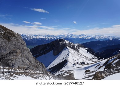 A breathtaking panoramic view from the summit of Mount Pilatus in Switzerland, taken on 21 April 2024. 