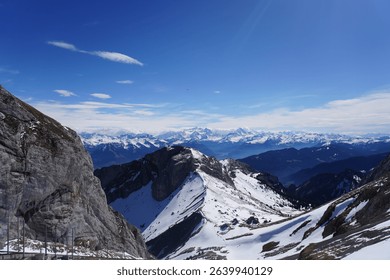 A breathtaking panoramic view from the summit of Mount Pilatus in Switzerland, taken on 21 April 2024. 