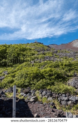 A breathtaking panoramic view from the summit of Mount Fuji, Japan's highest and most iconic volcano. The image captures the rugged volcanic crater, rocky ridges, winding hiking trails, and dramatic landscape above the clouds beneath a brilliant blue sky. This spectacular scene showcases the natural beauty and geological significance of Mount Fuji, a UNESCO World Heritage Site and one of Japan's most famous travel destinations. Ideal for themes of adventure, hiking, volcanic landscapes, nature, travel, and outdoor exploration.