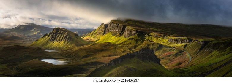Breathtaking panoramic view taken at The Quiraing on the Isle of Skye, Scotland, UK. Dramatic Scottish landscapes. 