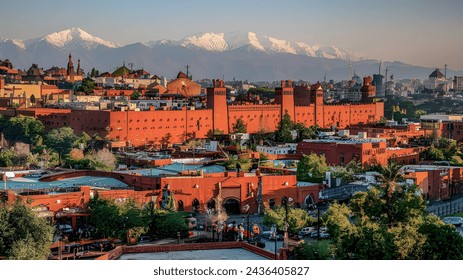 A breathtaking photo of Marrakech city in Morocco, with a panoramic view of the cityscape. A stunning and peaceful photo of Marrakech, Morocco, showcasing its vibrant cityscape and intricate architect - Powered by Shutterstock