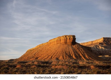 A Breathtaking Red Landscape With A Flat Tabletop Mountain Peak At Zion National Park, Utah, USA 