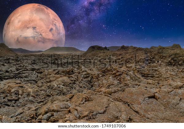 A breathtaking shot of an alien planet rocky\
surface on a starry sky and a big planet background- perfect for\
alien planet concept