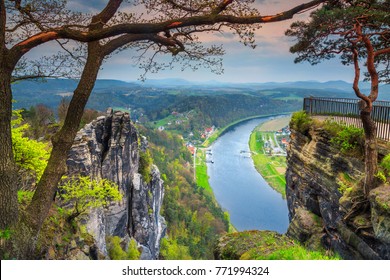Breathtaking spring landscape panorama with meander of Elbe river, view from viewpoint of Bastei near Dresden, Saxon Switzerland, Germany, Europe
