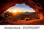 A breathtaking sunrise illuminates the vast desert landscape, captured through the opening of a sandstone cave. Golden rays of sunlight pierce through the rock, casting a warm glow over the scene. 