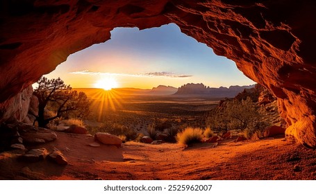 A breathtaking sunrise illuminates the vast desert landscape, captured through the opening of a sandstone cave. Golden rays of sunlight pierce through the rock, casting a warm glow over the scene.  - Powered by Shutterstock