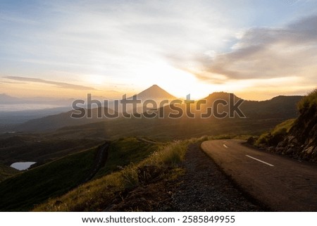 Similar – Image, Stock Photo Misty sunrise over winding road in La Mancha, Spain