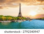 Breathtaking sunset panorama of the Eiffel Tower, bridges, and Seine River in Paris, France