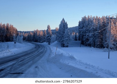 A breathtaking and tranquil scene capturing a paved, snow-covered road winding through an evergreen forest during the quiet hours of winter. The atmosphere is crisp, cold, and incredibly peaceful, highlighted by the clear, pale blue sky. Tall pine trees, dusted with frost and deep snow, line both sides of the path, creating a tunnel effect that draws the eye into the distance.

The road itself suggests a journey or remote destination, making it perfect for themes related to travel, exploration, or the solitude of nature. Utility poles run alongside the road, providing a subtle touch of human presence against the overwhelming natural beauty. This image encapsulates the pristine, quiet majesty of a deep winter morning in a northern landscape.

Ideal for use in articles about:

Winter tourism and getaway destinations.
Seasonal decor and greeting cards.
Nature documentaries or blog posts about cold climates.
Concepts of journey, beginning, or solitude.
The soft light enhances the textures of the snow and the dark green of the evergreens, offering a deeply calming and visually stunning aesthetic.
