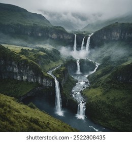 A breathtaking valley shrouded in mist, featuring cascading waterfalls tumbling down rugged cliffs. Lush greenery surrounds the scene, creating a serene and mystical atmosphere. Nature’s beauty unfold - Powered by Shutterstock