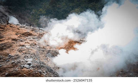 A breathtaking view of an active volcanic crater emitting thick white steam, signaling geothermal activity. The rugged terrain and rising vapors capture nature's raw power - Powered by Shutterstock