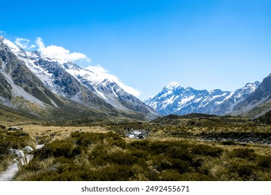 A breathtaking view of AorakiMount Cook National Park in New Zealand, showcasing the snow-capped peaks, lush green valleys, and a winding hiking trail under a clear blue sky. - Powered by Shutterstock