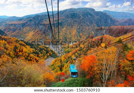 
A breathtaking view from a cable car of Kurodake Ropeway flying over colorful autumn forests on the mountainside in Sounkyo Gorge (層雲峡) in Daisetsuzan (大雪山) National Park, in Kamikawa, Hokkaido Japan
