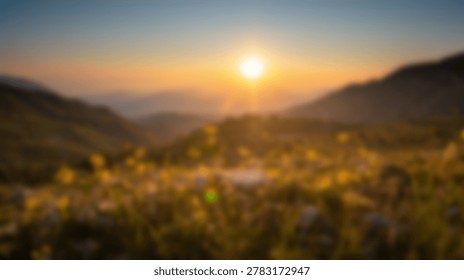 A breathtaking view of a golden sunset casting warm light over rolling hills, a lush green valley, and a vibrant landscape.