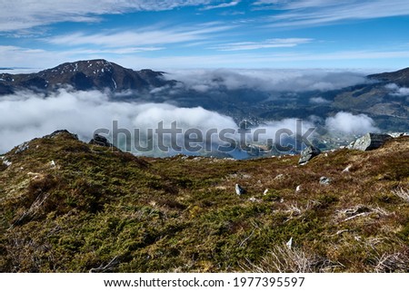 A breathtaking view. Hiking the mountains Skåldalsnipa (603 meter), Skåldalsfjellet (718 meter), Herlandsfjellet (696 meter) and Garnesrinden (625 meter) in Bergen, Norway