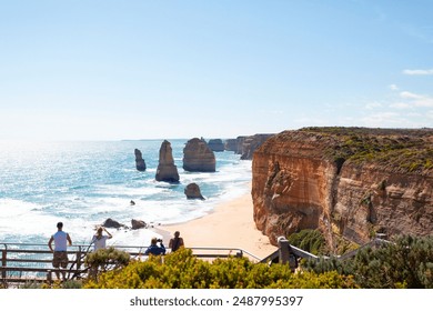 A breathtaking view of the iconic limestone stacks known as the Twelve Apostles, rising majestically from the turquoise waters along the Great Ocean Road in Victoria, Australia. - Powered by Shutterstock