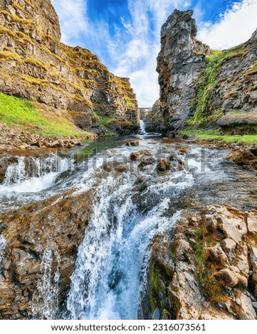 Breathtaking view of Kolugljufur canyon and Kolufossar falls. Kolugljufur gorge is located on river Vididalsa. Location: Kolufossar waterfall, Vestur-Hunavatnssysla, Iceland, Europe