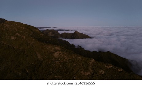 Breathtaking view of a lush mountain range rising above a blanket of clouds at dawn, showcasing nature's serenity and tranquility. - Powered by Shutterstock