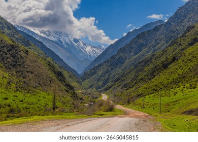 Breathtaking view of a majestic mountain range under a sunny sky in Kyrgyzstan. A winding road cuts through vibrant vegetation, creating a serene and peaceful atmosphere in the natural environment.