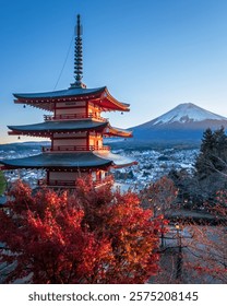 Breathtaking view of Mount Fuji from Chureito Pagoda near Kawaguchiko in the region of the five lakes in Japan