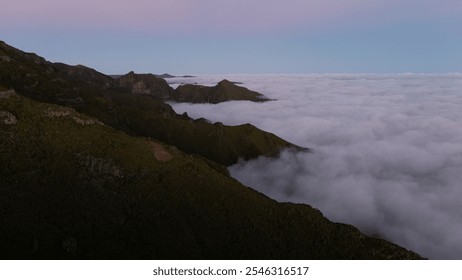 A breathtaking view of a mountain range above a vast blanket of clouds, illuminated by the soft hues of sunrise. The serene atmosphere evokes tranquility and wonder in nature's beauty. - Powered by Shutterstock