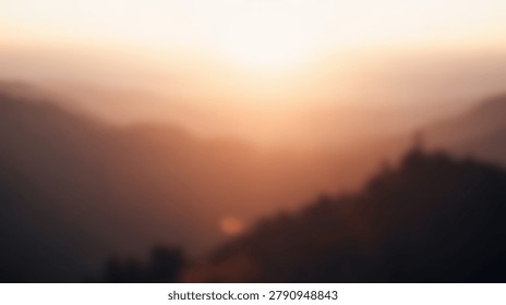 A breathtaking view of a mountain range at sunset, with a golden glow and hazy atmosphere. The sun sets over the peaks, creating a beautiful landscape.