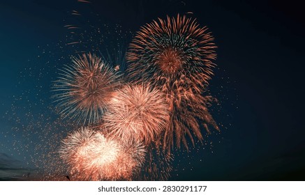 A breathtaking view of multiple fireworks exploding in the dark night sky, creating a dazzling spectacle of light and color.