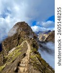 A breathtaking view on a path from Pico do Areeiro to Pico Ruivo via the PR 1 Vereda do Areeiro. Madeira island.