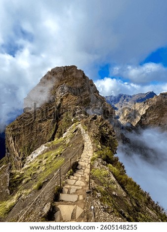 A breathtaking view on a path from Pico do Areeiro to Pico Ruivo via the PR 1 Vereda do Areeiro. Madeira island.