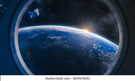 Breathtaking View of the Planet Earth as Seen from the International Space Station Porthole. Rising Sun Illuminates Our Blue Planet and Satellite Flying by. Scientifically Accurate 3D VFX Rendering