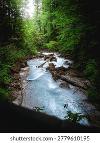 Breathtaking view of a pristine mountain river with milky blue glacial water flowing through a lush green forest filled with fallen logs and mossy rocks in a serene and wild wilderness landscape.
