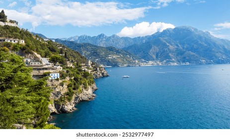 Breathtaking view of Ravello along the Amalfi Coast showcasing turquoise waters, mountains, and charming villas under a clear sky. View of the Amalfi Coast and Ravello - Powered by Shutterstock