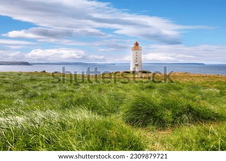 Breathtaking view of Skarsviti lighthouse in Vatnsnes peninsula on a clear day in North Iceland. Location: Hvammstangi, Vatnsnes Peninsula, Iceland, Europe