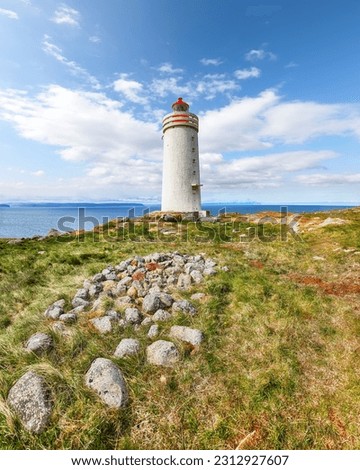 Breathtaking view of Skarsviti lighthouse in Vatnsnes peninsula on a clear day in North Iceland. Location: Hvammstangi, Vatnsnes Peninsula, Iceland, Europe