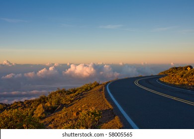 A breathtaking view of the sky at sunrise on the road to the top of the Haleakala Volcano. Maui, Hawaii.
