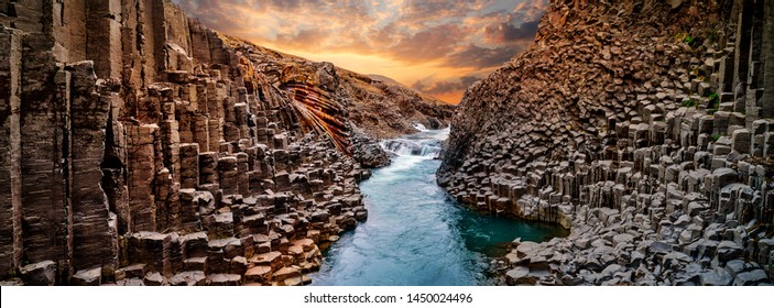 Breathtaking View Of Studlagil Basalt Canyon, Iceland, Europe.