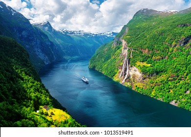 Breathtaking view of Sunnylvsfjorden fjord and famous Seven Sisters waterfalls, near Geiranger village in western Norway. - Shutterstock ID 1013519491