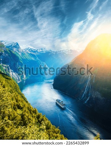 Breathtaking view of Sunnylvsfjorden fjord and famous Seven Sisters waterfalls, near Geiranger village in western Norway.