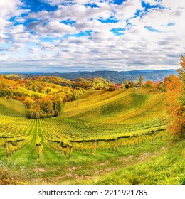 Breathtaking Vineyards Landscape In South Styria Near Gamlitz. Autumn Scene Of Grape Hills In Popular Travell Destination Eckberg. Location: Gamlitz, District Of Leibnitz In Styria, Austria. Europe.