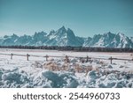 A breathtaking winter scene in Grand Teton National Park, Wyoming, featuring a snow-covered field, rustic wooden fence, and the iconic Tetons mountain range under a clear sky. 