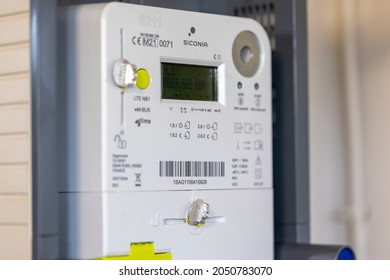 Brecht, Belgium - October 1: Close up of a new installed Belgian digital electricity kilowatt hour meter. The measurement device is used by the provider to calculate the correct bill for the customer.