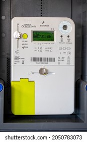 Brecht, Belgium - October 1: Portrait of a new installed Belgian digital electricity kilowatt hour meter. The measurement device is used by the provider to calculate the correct bill for the customer.