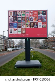 Breda, The Netherlands - March 4, 2021: a billboard displaying all participating political parties during the 2021 elections in The Netherlands.  