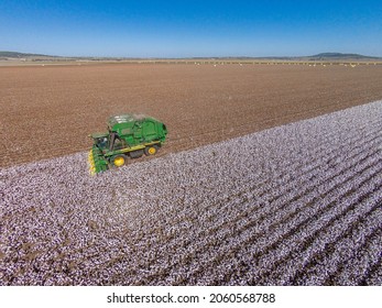 Breeza, Australia - May 6, 2015. An aerial photograph of a cotton harvester baling cotton.