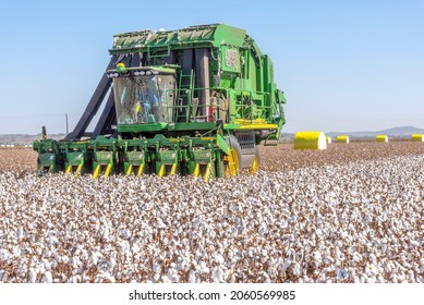 Breeza, Australia - May 6, 2015.  A cotton harvester farming a farm crop of cotton.