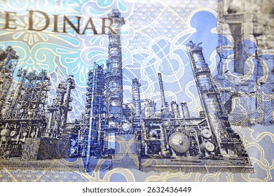 Brega Refinery from the reverse side of 1 LYD one Libyan dinar cash money banknote bill, by central bank of Libya, features Arch of Marcus Aurelius in Tripoli, Libyan money and economy concept