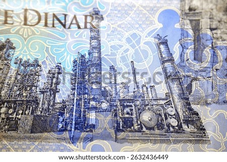 Brega Refinery from the reverse side of 1 LYD one Libyan dinar cash money banknote bill, by central bank of Libya, features Arch of Marcus Aurelius in Tripoli, Libyan money and economy concept