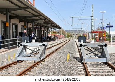 Breisach, Germany - April 2022: Passengers waiting on the platform of Breisach railway station, which is the terminus of the line